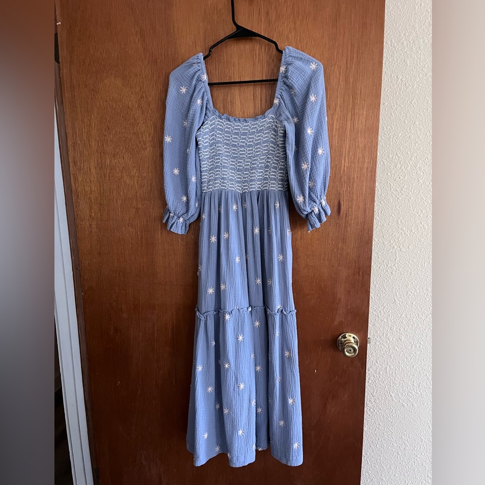 Amazon Blue Smocked Maxi Dress with White Floral Embroidery